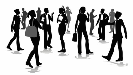 Silhouette illustration of a crowd of people in business attire walking and interacting together in a group