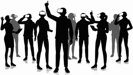 Silhouette of people wearing vr headsets and interacting in a virtual reality environment experience today