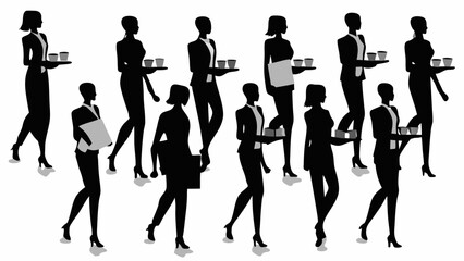 Silhouettes of businesswomen walking and carrying trays and a folder in a monochromatic style scene
