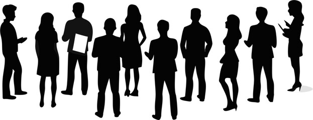 Silhouette of a group of people standing together in a business setting with various poses and positions