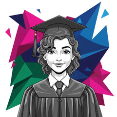Illustration of a smiling young woman in graduation gown and cap, with a colorful abstract geometric background.