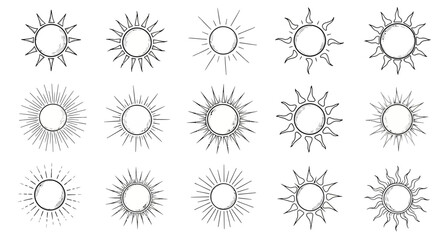 15 Hand drawn suns with sketch design on white background, vector illustration
