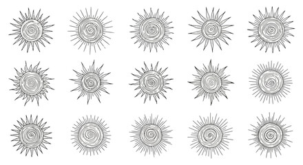 15 Hand drawn suns with sketch design on white background, vector illustration
