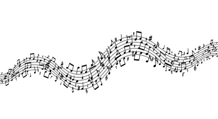 Music notes wave set in black and white, group musical notes on white background.. Dynamic music abstract design

