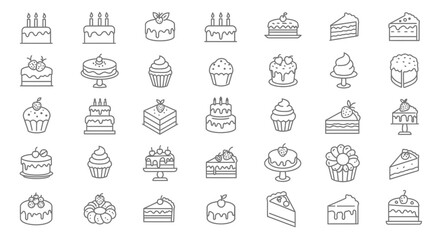 Cake line icon set. Vector pictograms of birthday cakes, wedding, cupcakes, pastry dessert, cheesecake thin linear illustration.
