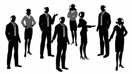 Silhouette of a group of business people wearing headsets in a professional setting and standing together