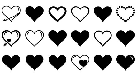 Set of hearts in black color, heart icons set vector, set of hearts different shapes for design. Heart collection. Vector art. Heart, love, romance hearts. Vector icons. Heart love symbol black
