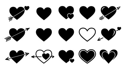 Set of hearts in black color, heart icons set vector, set of hearts different shapes for design. Heart collection. Vector art. Heart, love, romance hearts. Vector icons. Heart love symbol black
