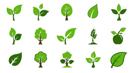 Green leaves icons set isolated on white background vector illustration. Vegan, tree, plant, fresh, energy and healthy nutrition concept.
