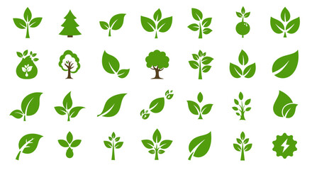 Green leaves icons set isolated on white background vector illustration. Vegan, tree, plant, fresh, energy and healthy nutrition concept.
