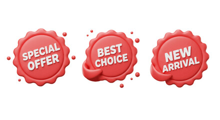 Vector cartoon 3d promo labels set, Special offer, Best Choice, New Arrival red badges, Realistic 3d render sale stickers, Discount tags isolated on white background. Shopping banner template.