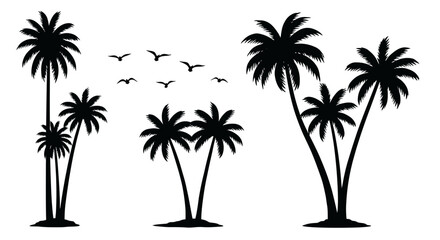 Black palm trees set, isolated on white background, Palm silhouettes, Design of palm trees for posters, banners and promotional items. Vector illustration
