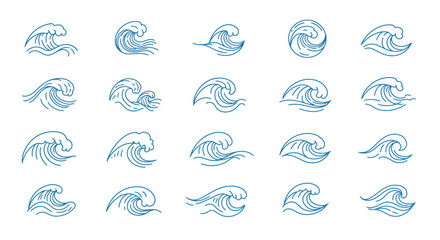 Water wave, line art set, Wave beach vector symbol or logo design collection, Abstract water waves, sea blue vector design elements.