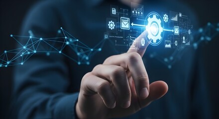 A Human Hand Interacting with a Digital Gear Icon: Symbolizing Robotic Process Automation and Seamless Business Data Transfer Between Software Systems