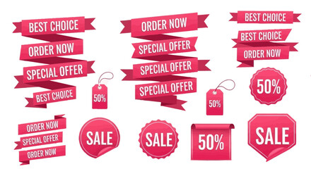 Vector cartoon 3d promo labels set, Special offer, Best Choice, New Arrival red badges, Realistic 3d render sale stickers, Discount tags isolated on white background. Shopping banner template.