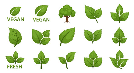 Green leaves icons set isolated on white background vector illustration. Vegan, tree, plant, fresh, energy and healthy nutrition concept.
