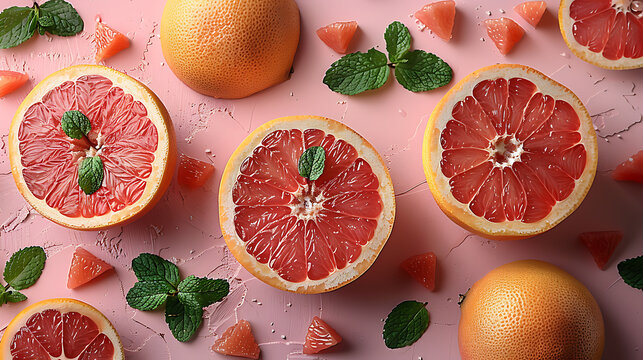 Fresh grapefruit slices and mint leaves on pink background