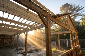 Fototapeta premium Unfinished frame house. Building process on construction site