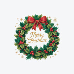 Christmas Holly Wreath Red Bow Gold Merry Christmas