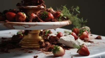 Chocolate cake and strawberries in disarray: spoilage with mold and rot on a table display
