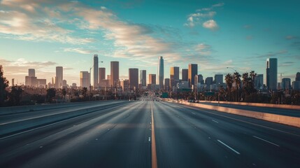 Fototapeta premium Empty highway leads to a sprawling city skyline at dawn.
