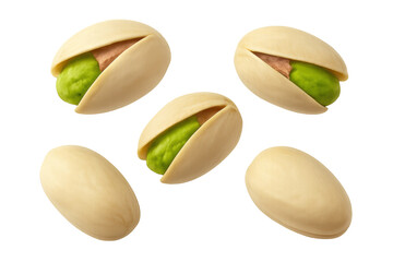 Green pistachios cracking open, displaying kernels, cascading on transparent surface
