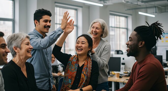 Diverse group of coworkers celebrating a success with high fives in a modern office.