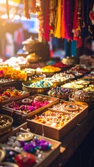 Vibrant market stall overflowing with colorful goods