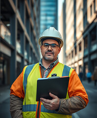 Engineer in a hardhat and safety vest, holding a clipboard, stands against the backdrop of soaring city buildings and urban architecture.