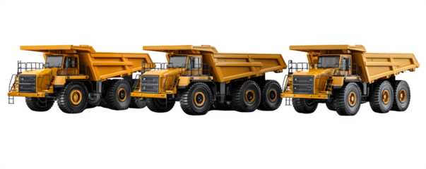 Clean Studio-Lit High-Quality Four articulated dump trucks digital artwork, versatile design element, ideal for video overlays and print projects, HD asset, royalty-free