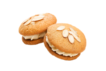 two cookies with cream and almond on top