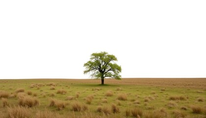 Obraz premium Lone tree standing in an open field with green foliage under a white sky