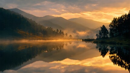 Fototapeta premium Sunrise reflections over tranquil lake surrounded by mountains and mist