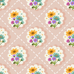 Seamless medallion-style floral motif with scalloped edges on beige, featuring bright flowers for elegant textiles.