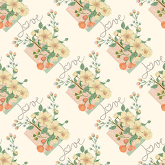 Seamless pattern of soft beige floral arrangements with handwritten "Love" text, perfect for romantic themes and stationery.