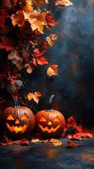 Glowing jack o'lanterns illuminate a spooky autumn night on a bed of fallen leaves, capturing the essence of Halloween.