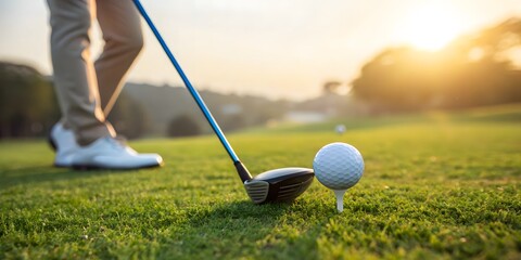Golfer preparing to strike the ball on a lush green golf course at sunrise with warm golden light