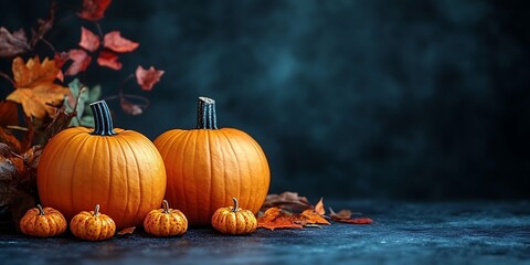 Glowing jack o'lanterns illuminate a spooky autumn night on a bed of fallen leaves, capturing the essence of Halloween.