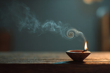 A single clay diya has just been extinguished, with a soft spiral of smoke rising upward from the wick and a faint ember glow inside. It is placed on a dark wooden surface.
