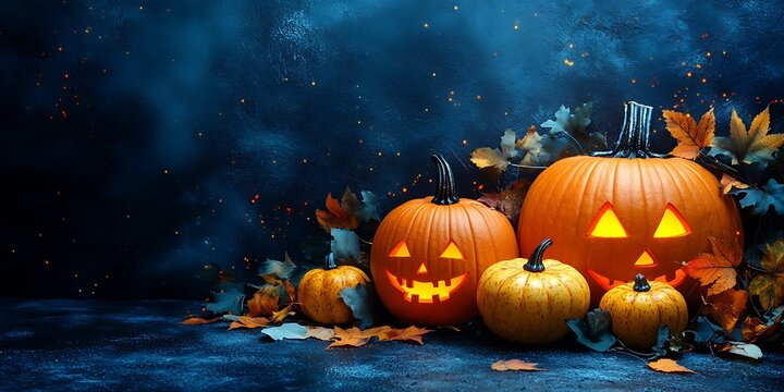 Glowing carved pumpkins create an inviting ambiance for Halloween, surrounded by fallen leaves and set against a dark, moody backdrop.