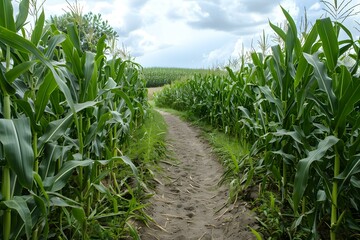 Naklejka premium Dirt Path Cutting Through a Cornfield, Cornfield Walkway Surrounded by Lush Plants