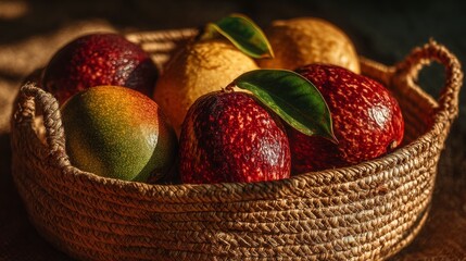 Ripe passion fruits and a mango are displayed in a rustic woven basket with green leaves