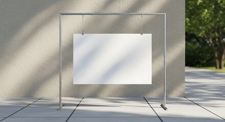 Blank white poster hanging on a metal frame outdoors