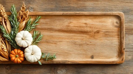 Fototapeta premium Wooden serving tray with pumpkins and autumn foliage