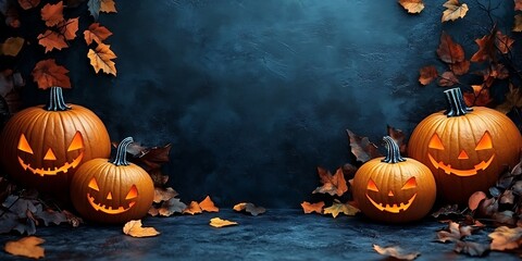 Festive Halloween scene with carved pumpkins and colorful fall foliage against a dark, moody backdrop perfect for seasonal celebrations.