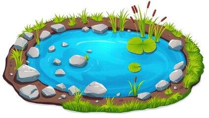 Colorful cartoon illustration of a pond surrounded by rocks, grass, and reeds.