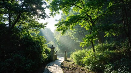 Morning Path through Lush Green Forest