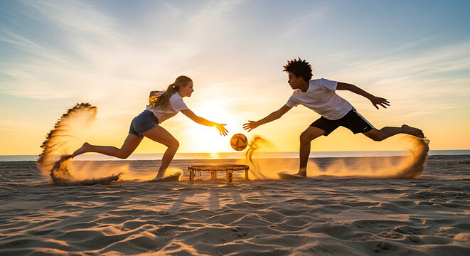 Two Teenagers Playing Spikeball on Beach at Sunset