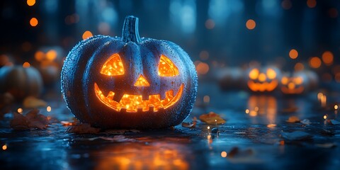 Celebrate spooky season with a glowing jack o'lantern pumpkin perfect for Halloween decor or festive fall ambiance.