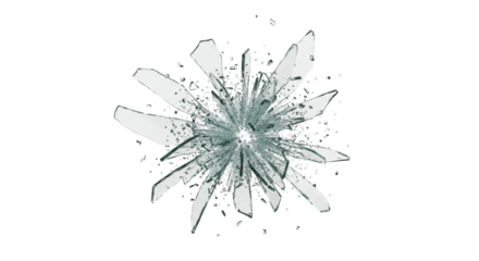 Razor-sharp, perfectly translucent glass shards suspended mid-air, dynamically scattering outwards against an immaculate transparent studio background, capturing explosive fragmentation, concept of